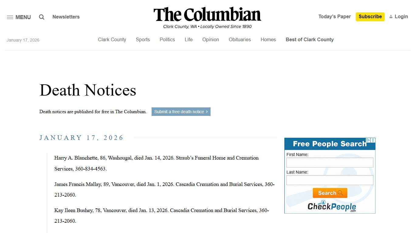 Death Notices - The Columbian