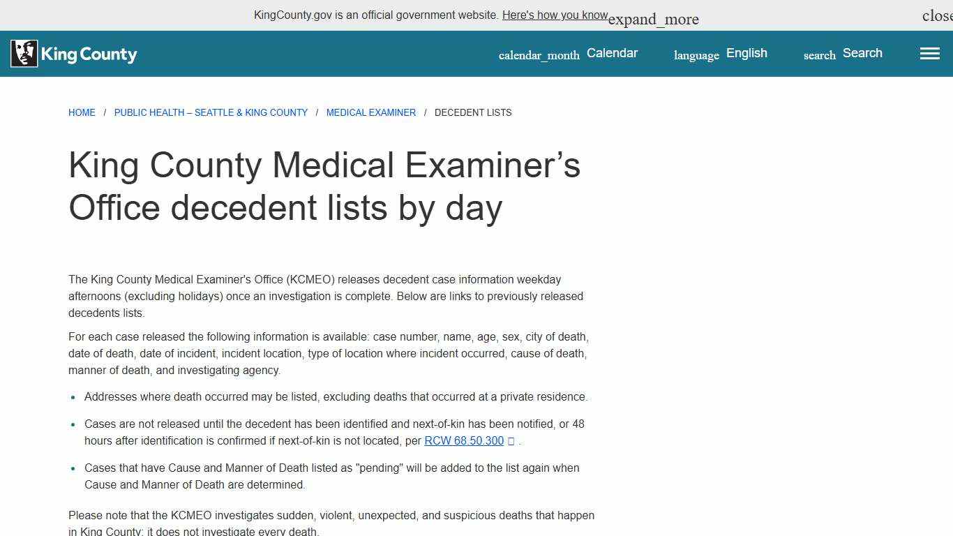King County Medical Examiner’s Office decedent lists by day - King County, Washington